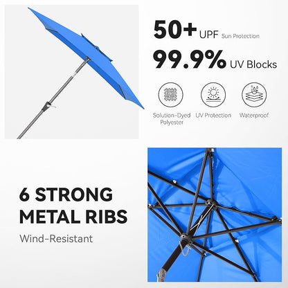 6.6 x 10 ft Rectangular Patio Umbrella, Outdoor Market Table Umbrella with Push Button Tilt and Crank, Double-Tier Vent, 6 Ribs, Rectangle Patio Umbrella for Backyard, Deck, Pool, Fits 4–6 Chairs and Tables (Blue)