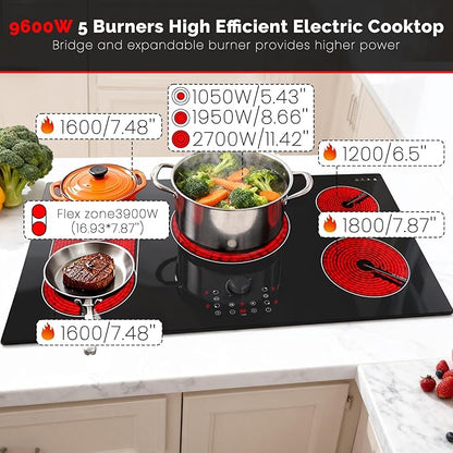 Karinear 36 Inch Electric Cooktop with Magnetic Knob, Bridge BBQ, 5 Burner Radiant Stove Top, 9600W 240V Built-in Hob, 9 Heat Levels, 99-Min Timer, Child Lock, Pause