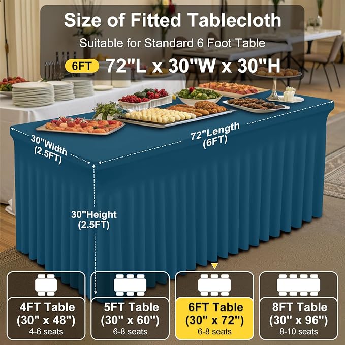 Smiry Spandex Elastic Fitted Table Cloth Skirt for 6FT Rectangle Table | Stretch Washable Table Cloth, Banquet Table Cover for Wedding, Party, Indoor & Trade Shows, (Peacock Blue, 72Lx30Wx30H)