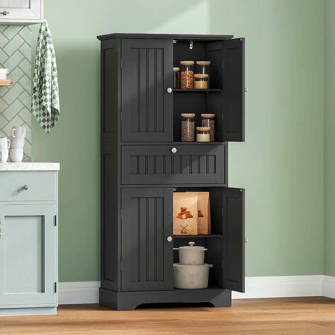 ChooChoo 51" H Bathroom Floor Cabinet with Drawers and Adjustable Shelves | Bathroom Storage Cabinet, Freestanding Kitchen Pantry Cupboard with 4 Doors for Living Room, Black