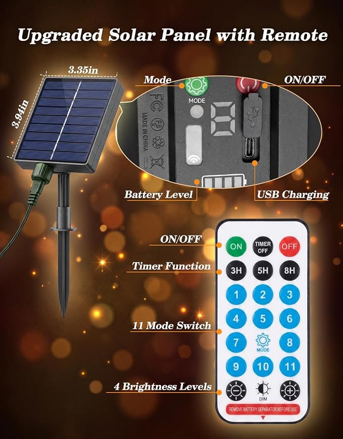LitHome 2 Pack Solar String Lights Outdoor with Remote, Total 200LED 66FT | Solar Christmas Lights Waterproof, 8 Mode String Light for Xmas Patio Garden Party Yard Tree Decor, Warm White & Multicolor