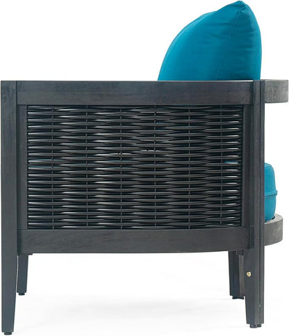 Christopher Knight Home Newine Acacia Wood Patio Accent Chair, Wooden Lounge Chair Outdoor, Wicker Club Chair with Removable Cushion, Comfy Reading Chair for Backyard/Garden/Balcony, Black+Dark Teal