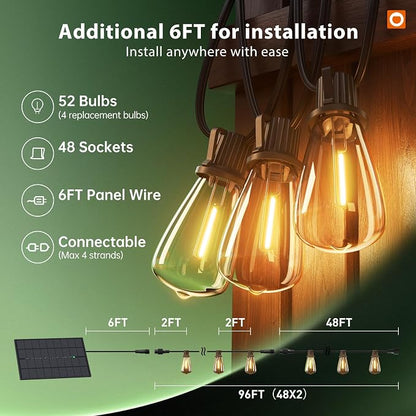 addlon 102FT(96+6) Solar String Lights Outdoor with Remote, 48 LED Dimmable | Waterproof Patio Hanging Lights (2FT Bulb Spacing), Long-Lasting Solar Light for Outside, Yard, Backyard, Garden, Camping