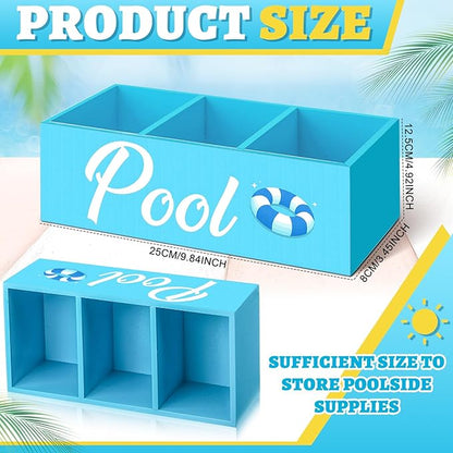 CroBlissful Pool Storage Basket Blue Summer Wooden Box with 3 Compartments Toilet Tank Tray for Indoor Outdoor Swimming Pool Decor Sunblock Sunglasses Beach Toy Storage Box