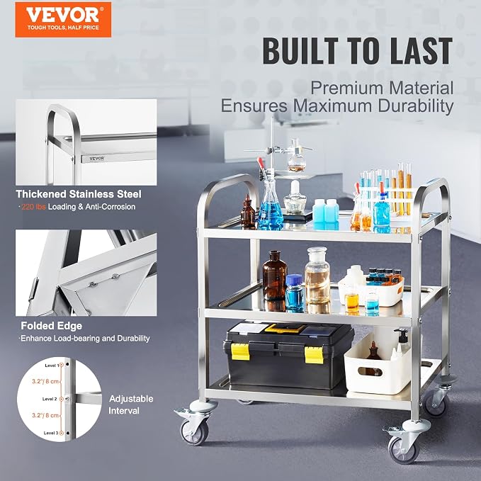 VEVOR Stainless Steel Cart, 3 Layers Lab Utility Cart 220 lbs Weight Capacity, Medical Cart with Lockable Universal Wheels, for Lab, Clinic, Kitchen, Salon