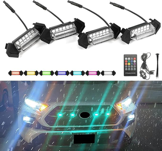 RGB Grill Led Lights 4 PCS for Toyota Tacoma 2016-2023 TRD PRO OEM Only | Pack of 4 Front Grille LED Light Clear Lens with Instruction and Fuse, APP/Remote Control 20 Custom Colors