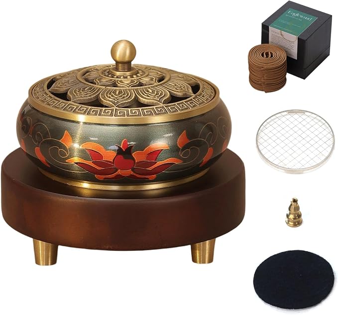 Brass Incense Burner Set with Agarwood Coils, Vintage Bakhoor Resin Burner | Japanese Style Incense Holder; Ideal for Zen & Meditation; Unique Home & Office Decor. Versatile Burner for Most Incense