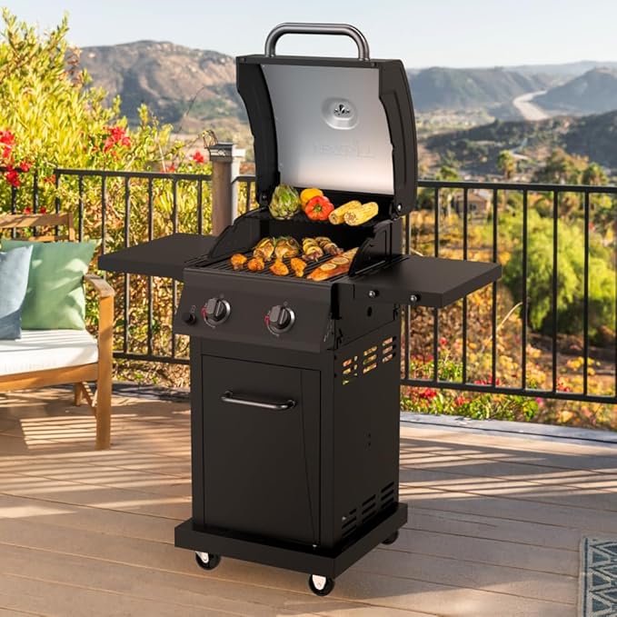 Nexgrill Deluxe 2-Burner Gas Grill with 401 SQ In Grate, 28000 BTUs, Heavy Duty Steel Frame & Foldable Side Table, Propane BBQ Grill for Outdoor Cooking, Patios, Backyards and More - 720-0864RD