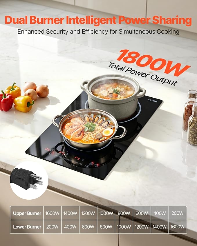 VEVOR Electric Cooktop 12inch 2 Burners Portable Stove Top 1800W 120V, Ceramic Countertop/Built-in Radiant Electric Stove, with 9 Power Levels, Timer, Child Lock, Over-Heat Guard, Touch Control