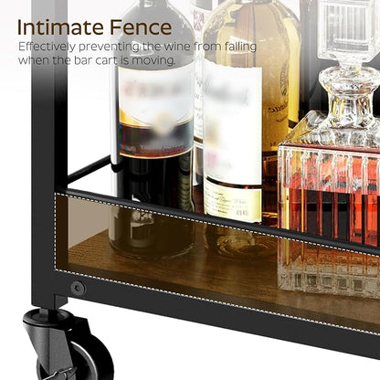 Bar Cart, 3-Tier Home Bar Serving Cart with Wheels, Drink Cart with Glass Holder, Beverage Cart, Rolling Kitchen Cart, for Home, Living Room, Rustic Brown and Black BC03BR