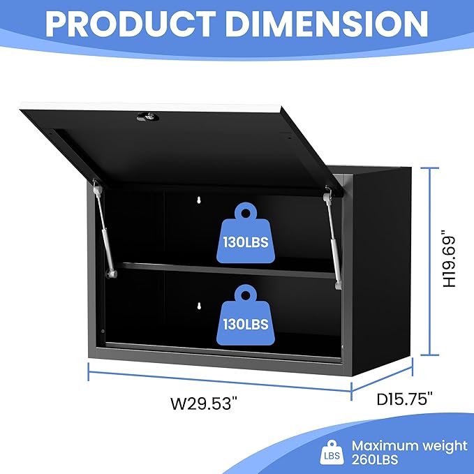 Garage Wall Cabinet with Flip-Up Door and Shelf, Lockable Metal Storage Cabinet Wall Mounted, Hanging Tool Cabinet for Garage Basement Utility Room, Black