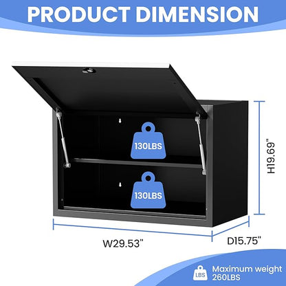 Garage Wall Cabinet with Flip-Up Door and Shelf, Lockable Metal Storage Cabinet Wall Mounted, Hanging Tool Cabinet for Garage Basement Utility Room, Black