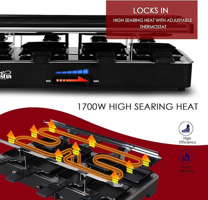 Artestia Indoor Electric Party Grill for 6–8 People, 1700W Korean BBQ Table Grill & Raclette Cheese Melting Grill, Nonstick & Granite Plates, Adjustable Temperature for Family & Party Use