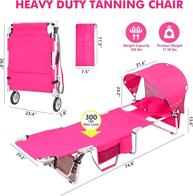 Wheel-To-Go Tanning Chair with Wheels Sun Canopy Umbrella Face Hole Thicker Washable Adjustable, Heavy Duty Folding Sun Lounge Chair Beach Outside Sunbathing Reading, UPF 50+, Pink (Patent Design)