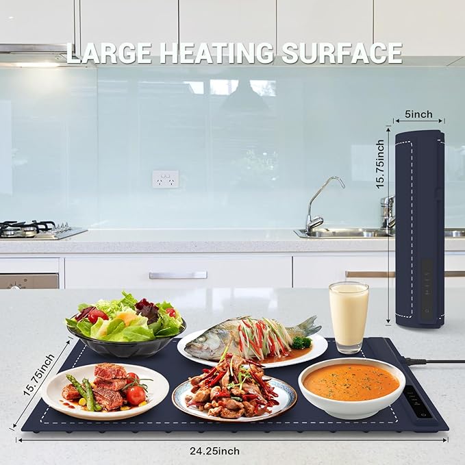 Electric Warming Tray - 3 Modes &Full Surface Heating,Rollable & Portable,Premium Silicone Nano-Material,3 Temperature Settings,Auto Shut-Off -Versatile Food Warmer for Gatherings,Parties (Dark Blue)