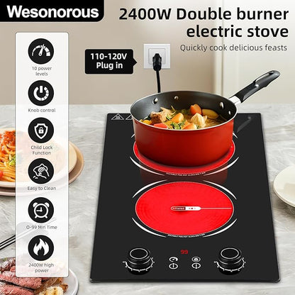 2 Burner Electric Cooktop,110V 2400W Electric Stove Top with LED Touch Control,9 Power Levels, 99 minute Timer, Safety Lock,Overheat protection single burner cooktop