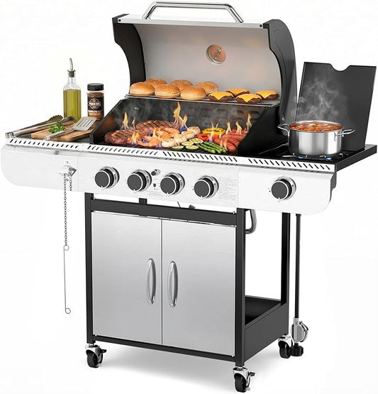 COWSAR 4-Burner Gas Grill, 42000 BTU BBQ Grill, Stainless Steel Barbecue Grill with Side Burner, Enameled Cast Iron Grill, Pull-Out Oil Tray, Suitable For Outdoor, Backyard Barbecues