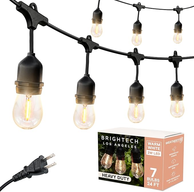 Brightech Ambience Pro - Waterproof LED Outdoor String Lights - 7 Hanging, Dimmable 2W Vintage Edison Bulbs - 24 Ft Commercial Grade Patio Lights Create Cafe Ambience in Your Backyard
