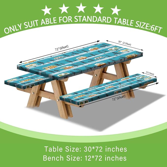 JAWO Picnic Table Cover with Bench Covers, Camper Camping RV Essentials Gear Supplies Outdoor Waterproof Windproof Tablecloth with Elastic, 96in