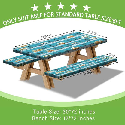 JAWO Picnic Table Cover with Bench Covers, Camper Camping RV Essentials Gear Supplies Outdoor Waterproof Windproof Tablecloth with Elastic, 96in