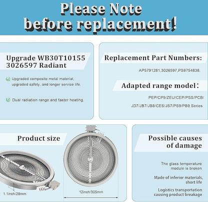 [Upgrade] Wb30t10155 12in Triple Radiant Surface Element Compatible With Ge Electric Stove.Wb30t10155 Element Haliant 12 Triple, Replace For Ps8754838, Ap5791281.Fit For Ge Jb7 Js7 Cep Ces Series