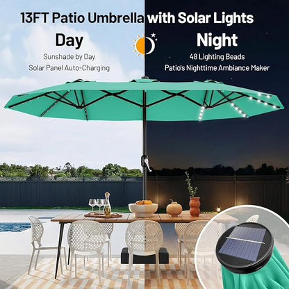 AreShark 13 FT Patio Umbrella with Solar Lights, Double-Sided Outdoor Table Umbrellas with Crank, Large Rectangular Market Umbrella for Porch, Lawn, Pool, Backyard, Cerulean