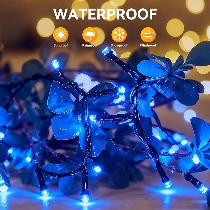 Solar String Lights Outdoor Waterproof 2 Pack Total 66ft 200LED Blue | 8 Modes Twinkle Lights Solar Fairy Lights for Patio, Garden Yard Party Wedding Tree Christmas Halloween Decoration