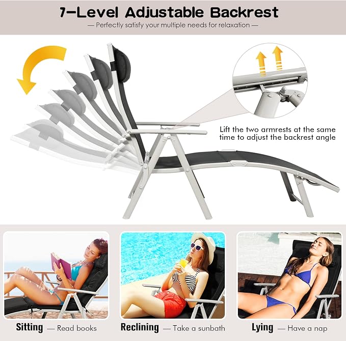 Giantex Chaise Lounge Chair for Outside, Pool Folding Reclining Beach Chair W/Removable Cushion&Headrest Pillow, Outdoor Lounge Chaise w/ 7 Backrest Positions, Portable Patio Lounger (1, Black)