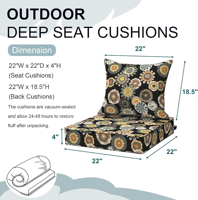 DYTXIII Outdoor Deep Seat Cushion Set, Water Repellent 22"x22" Patio Thick Cushions Replacement with Seat & Back Pillow for Patio Sofa, Wicker Chair, Couch - Black Yellow Crosby