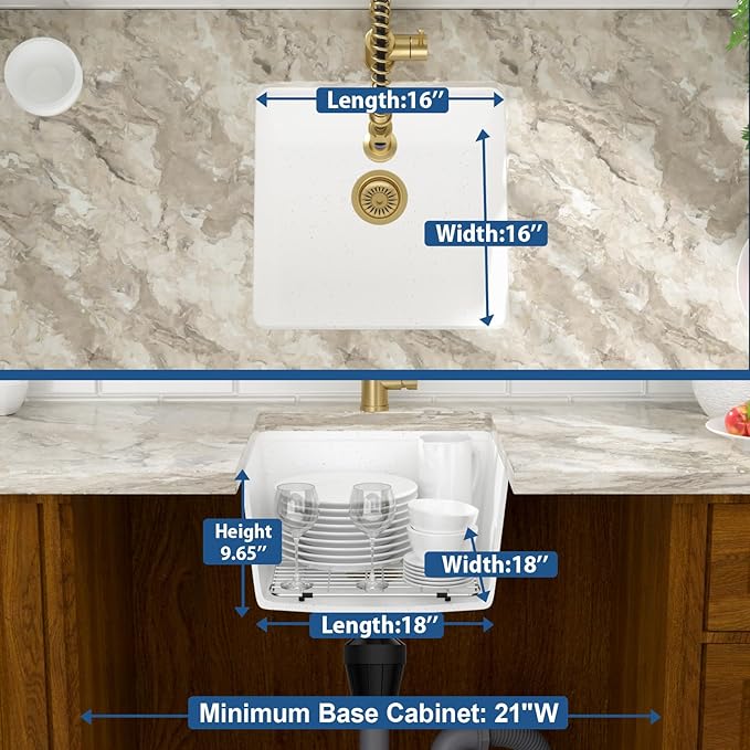 Mocoloo 18 Inch White Undermount Granite Composite Kitchen Bar Sink - 18 x 18 Matte White Ledge Workstation Kitchen Sinks, Composite Quartz Single Bowl Under Counter Bar Prep Rv Sink Basin