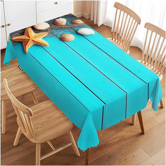 Swono Beach Table Cloth Tropical Fish Net Seashells Starfish Blue Wood Rectangle Tablecloth Picnic Table Cover BBQ Table Cloths Polyester for Kitchen Camping BBQ 50x72 Inch