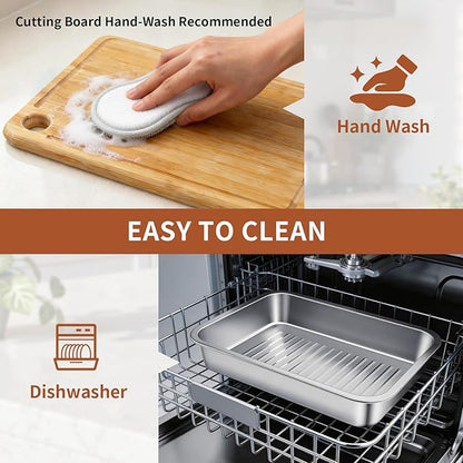 ENLOY 9-in-1 Grilling Prep and Serve Trays Set, Stainless Steel Large Capacity Food Prep Tray, Marinade Container with Lid and Cutting Board & 2 Food Tongs, Cleaning Cloth & 2 Gloves for Pickling Food