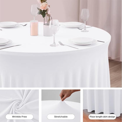 Fitted White Spandex Table Skirts for Wedding Party,72 Inch Round,4 Pack | Spandex Table Covers, For 6 Ft Wedding Cake Tables, Wrinkle Resistant, Ruffle Design Banquets, Baby Showers, Parties