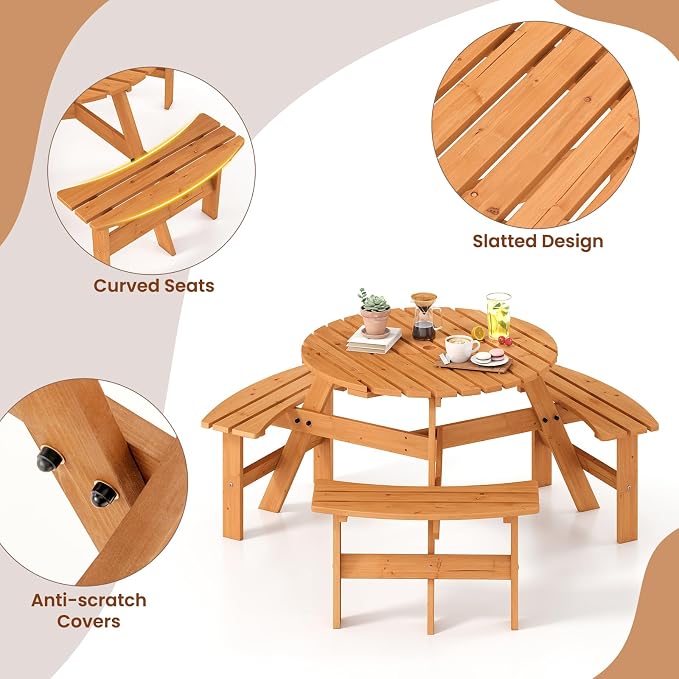 Tangkula 6-Person Wood Picnic Table, Outdoor Round Table and Bench Set with 3 Built-in Benches, Umbrella Hole, Perfect for Outside, Patio, Garden, Backyard, Porch (6-Person,Yellow)