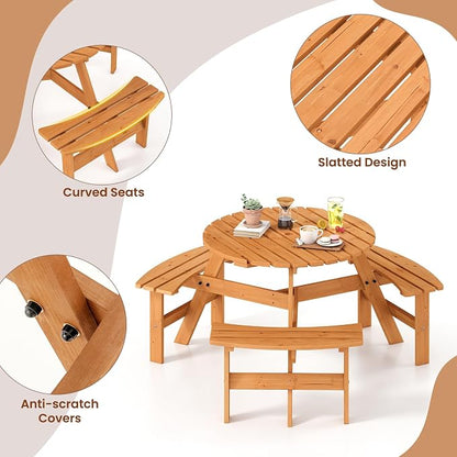 Tangkula 6-Person Wood Picnic Table, Outdoor Round Table and Bench Set with 3 Built-in Benches, Umbrella Hole, Perfect for Outside, Patio, Garden, Backyard, Porch (6-Person,Yellow)