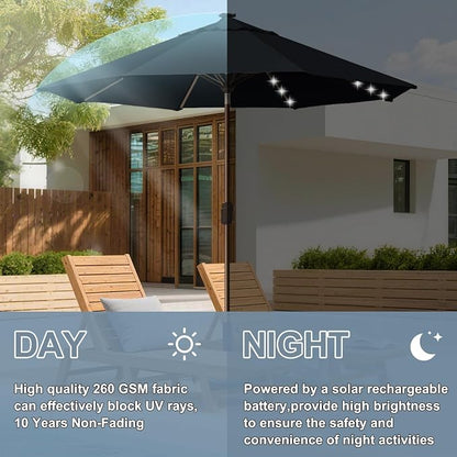 EliteShade USA 10-Year-Non-Fading 10ft Market Patio Umbrella, Commercial Grade Table Sun Umbrella with 80 Solar LED Lights, Crank Open, Windproof & UPF 50+ UV Protection for Garden, Deck, Pool, Backyard, Black