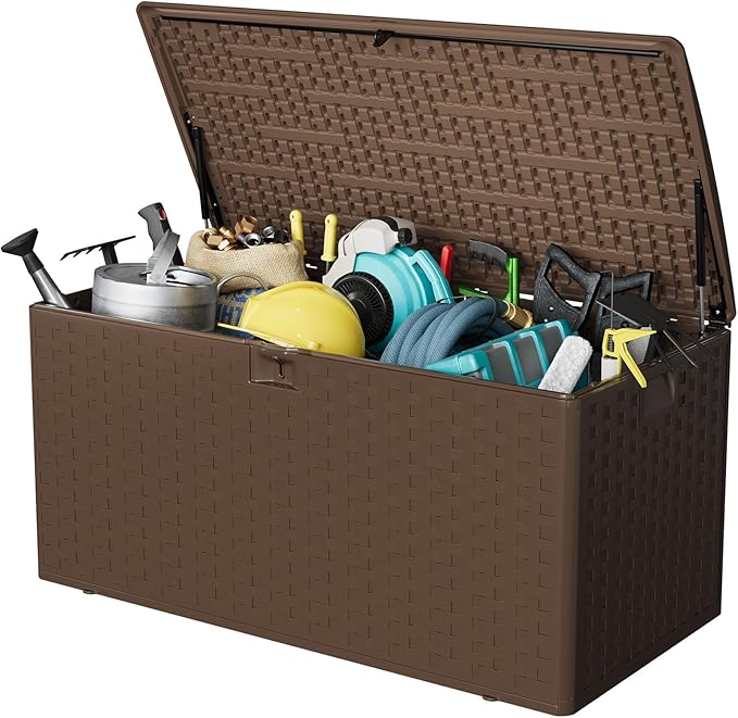 Garvee 100gal Outdoor Storage Box, Lockable Plastic Deck Box with Lid, Waterproof & UV-Resistant Storage Bin for Patio Cushions, Garden Tools & Pool Accessories, Brown