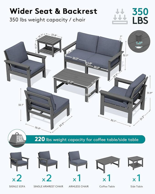 SERWALL HDPE Patio Furniture Set with 15FT Patio Umbrella, 7-piece Outdoor Sectional Sofa Set, All Weather Patio Couch Set for Deck, Gray &Gray (Umbreall Base not Included)
