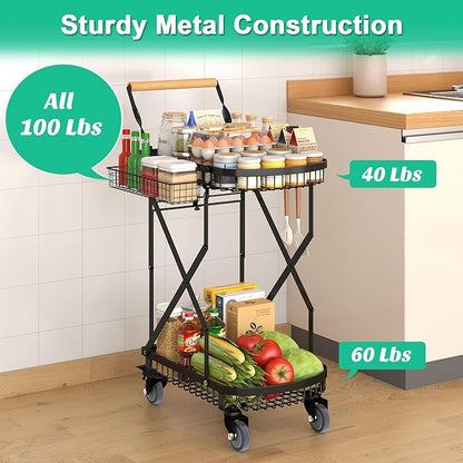 NADAMOO Foldable Charcoal Grill Cart with Rolling Wheels & Storage, Instant Fold Portable BBQ Trolley for Outdoor Barbecue, Travel, Camping, Picnics, Party, Backyard