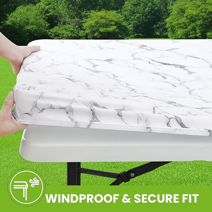 Smiry Spandex Fitted Tablecloth for 8 Foot Rectangle Tables, Washable Picnic Table Cover with Elastic, Stretch Reusable Table Cloth for Outdoor, Camping, Dining & Kitchen (Marble, 30"x96")