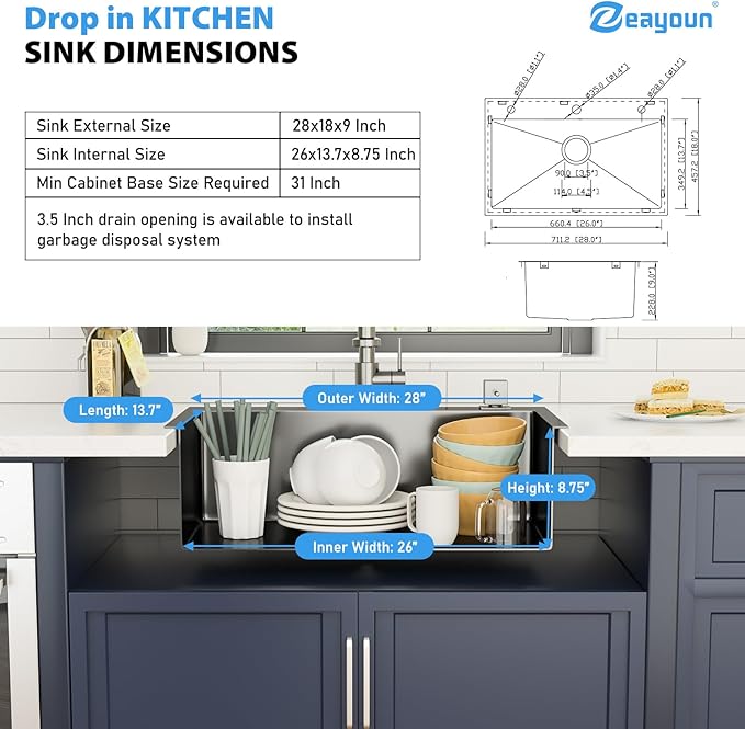 28 Inch Gunmetal Black Drop In Kitchen Sink 28 x 18 Kitchen Sink 18 Gauge Stainless Steel Single Bowl Topmount Sink with Nano Coating, 28x18x9