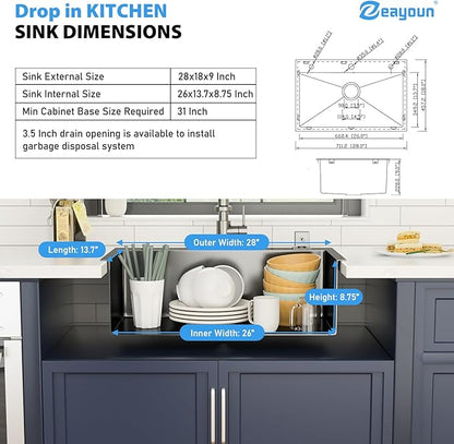 28 Inch Gunmetal Black Drop In Kitchen Sink 28 x 18 Kitchen Sink 18 Gauge Stainless Steel Single Bowl Topmount Sink with Nano Coating, 28x18x9