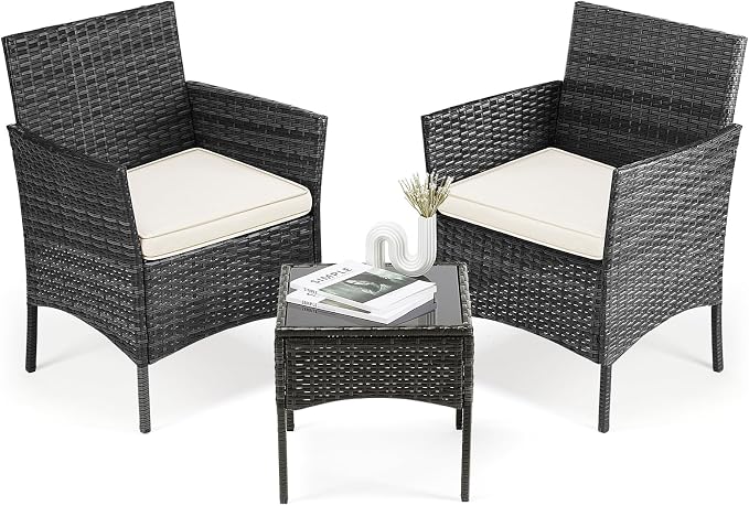 DUMOS 3 Piece Patio Furniture Set, Outdoor Wicker Bistro Set, Black | All-Weather Rattan Chairs, Removable Cushions, Tempered Glass Table, Small Conversation For Porch Balcony Lawn Backyard