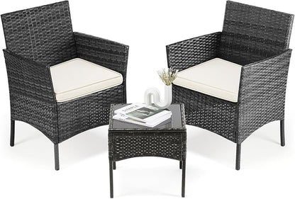 DUMOS 3 Piece Patio Furniture Set, Outdoor Wicker Bistro Set, Black | All-Weather Rattan Chairs, Removable Cushions, Tempered Glass Table, Small Conversation For Porch Balcony Lawn Backyard