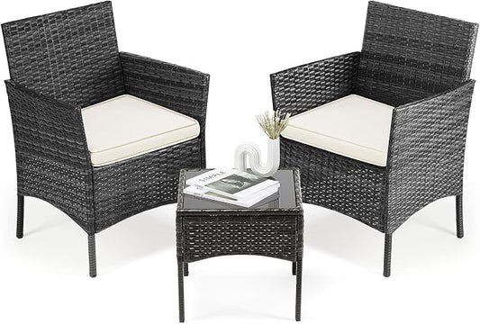 DUMOS 3 Piece Patio Furniture Set, Outdoor Wicker Bistro Set, Black | All-Weather Rattan Chairs, Removable Cushions, Tempered Glass Table, Small Conversation For Porch Balcony Lawn Backyard