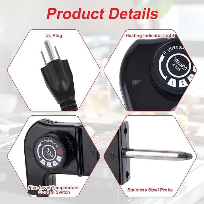 Adjustable Thermostat Probe Cord for Electric Skillet, 15A 125V Electric Griddle Power Cord with Precise Temperature Control Compatible with Masterbuilt Smokers & Griddles
