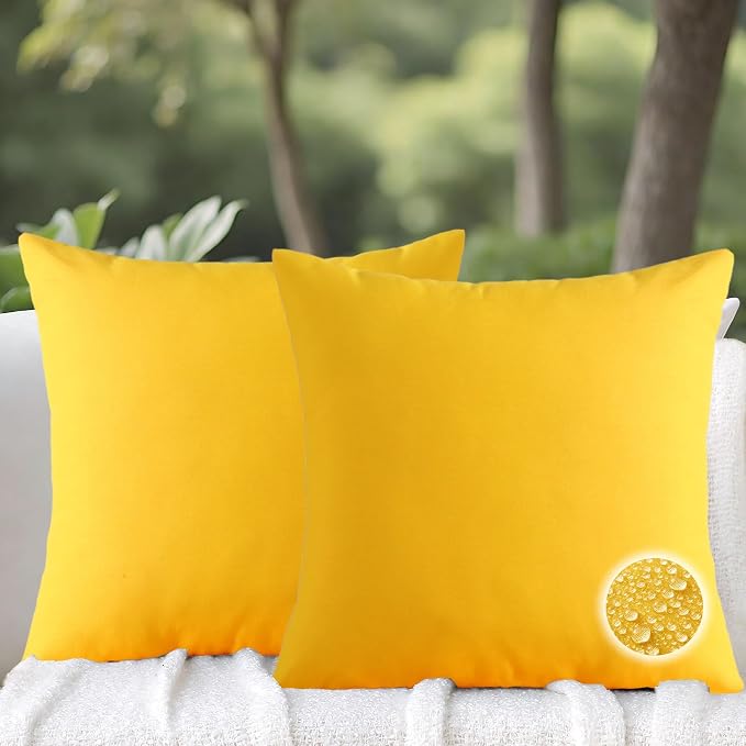 Outdoor Throw Pillows with Inserts, Waterproof Pillows for Outdoor Seating, Square Decorative Garden Cushion for Patio Furniture, Bed, Couch, Sofa(Yellow, 20" x 20" (Pack of 2))