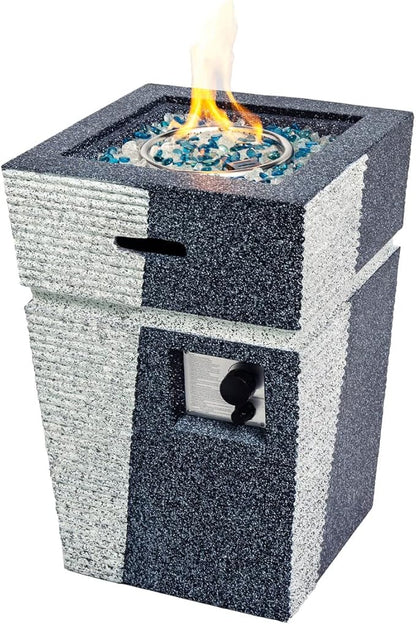 20" Outdoor Propane Gas Fire Pit Table, 40,000 BTU Auto-Ignition Concrete Gas Firepit, Magnesium Oxide Cylinder Design, Side Handles and Cover, Mix Color Glass Rocks
