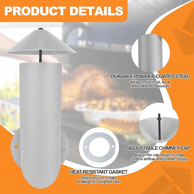 Adjustable Pellet Grill Smoke Stack Chimney, Cap, Gasket, 3.5-Inch Opening | Compatible with Pit Boss Traeger Camp Chef pellet grills, helps vent smoke and heat, replacement for worn exhaust parts