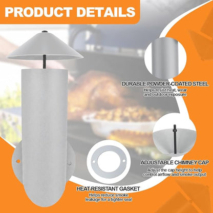 Adjustable Pellet Grill Smoke Stack Chimney, Cap, Gasket, 3.5-Inch Opening | Compatible with Pit Boss Traeger Camp Chef pellet grills, helps vent smoke and heat, replacement for worn exhaust parts